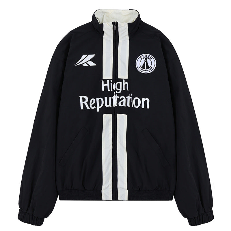 Erabyte Men's Jacket in black with white stripes and "High Reputation" text on the front. Features a high collar and elastic