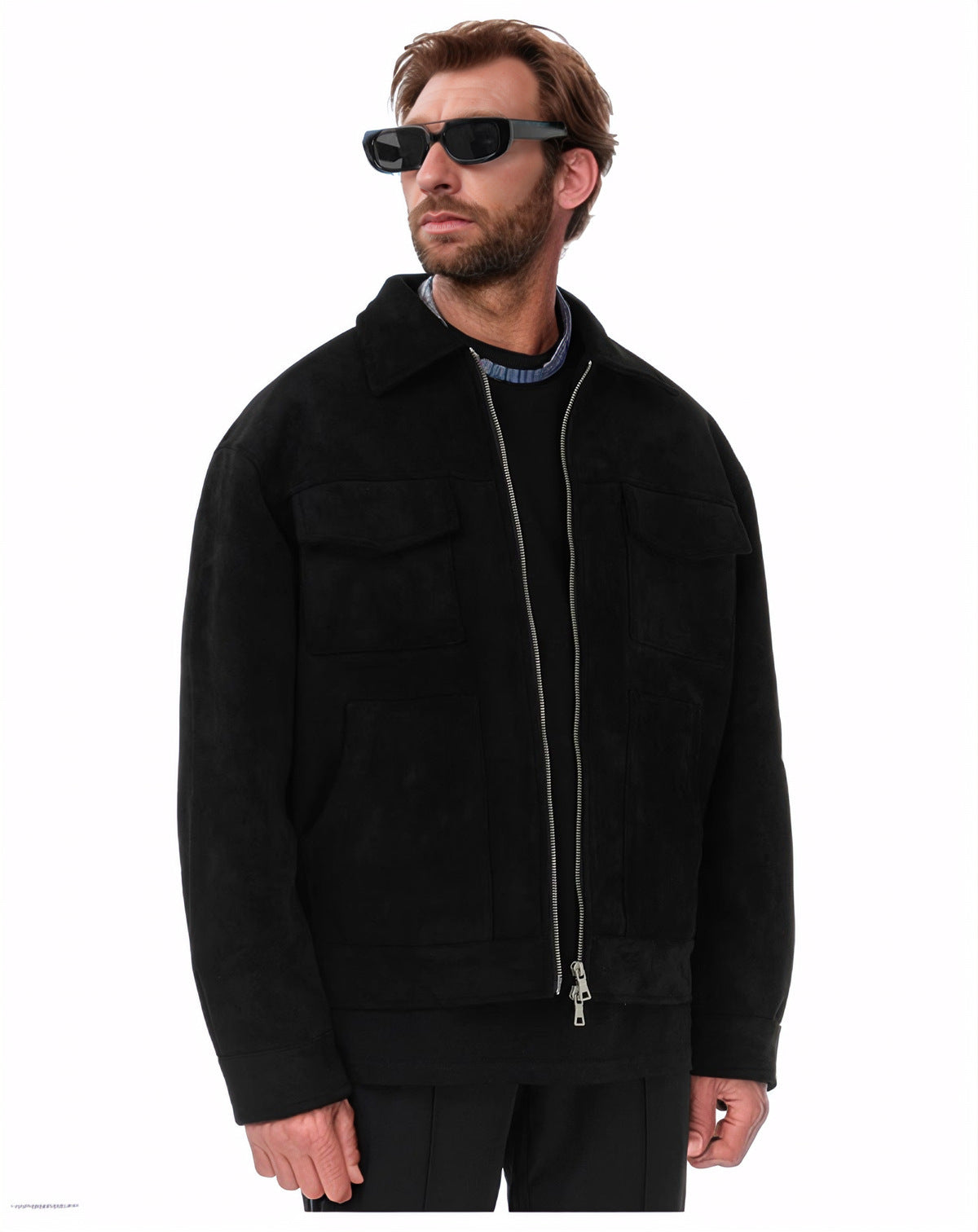 Erabyte Suede Zipper Pocket Jacket in black, featuring a relaxed fit, two front pockets, and a zip closure. Model wearing sun
