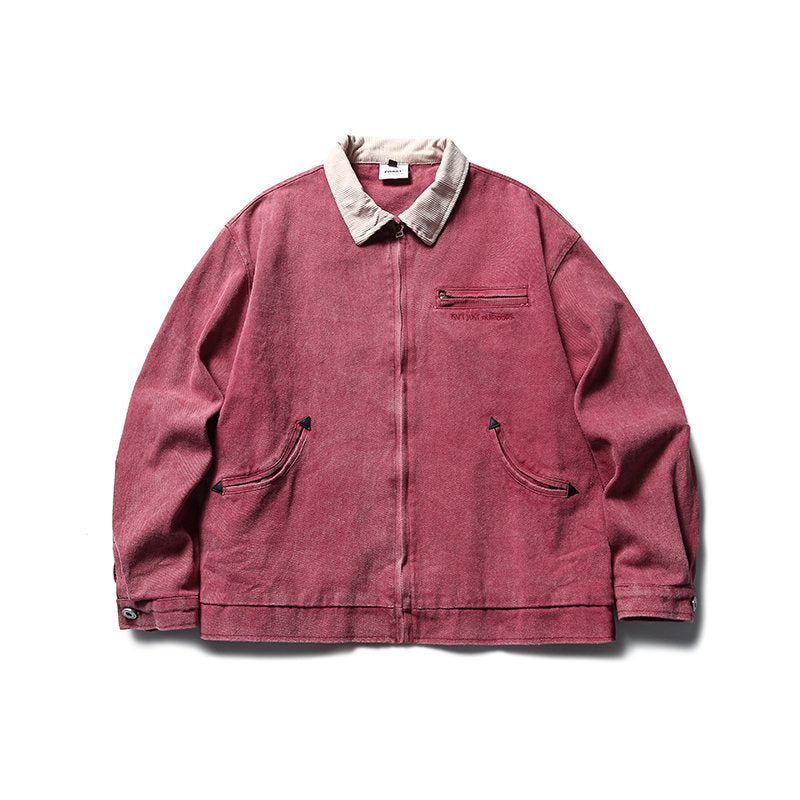 Erabyte Vintage Washed Lapel Casual Jacket for Men in a faded red color with a beige collar and front pockets.