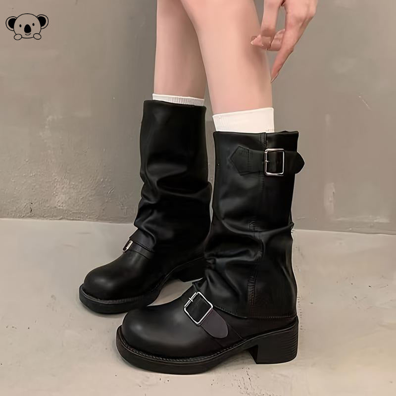 Belt buckle pleated leather boots