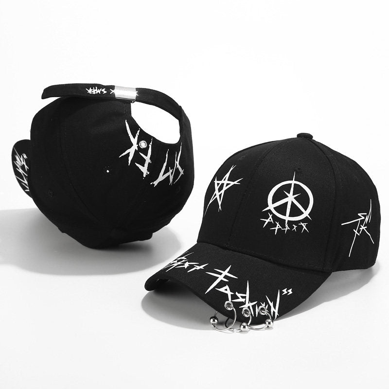 Black Erabyte Hat Man Baseball Cap featuring white graphic designs and a peace symbol, with a unique adjustable strap.