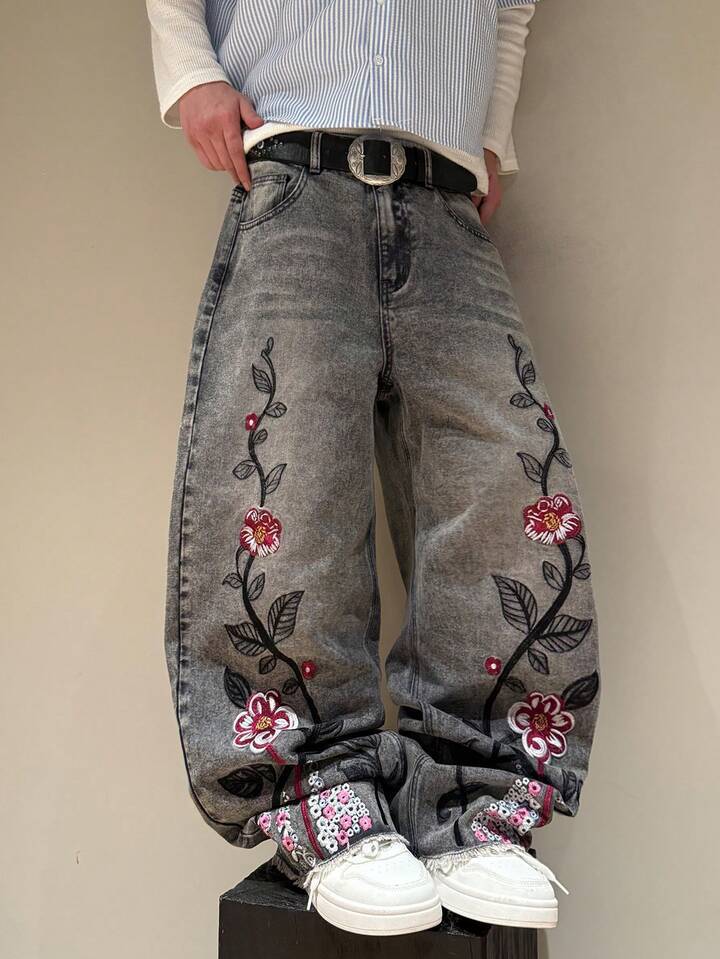 Gothic Cherry Blossom Embroidered Jeans - photo 4