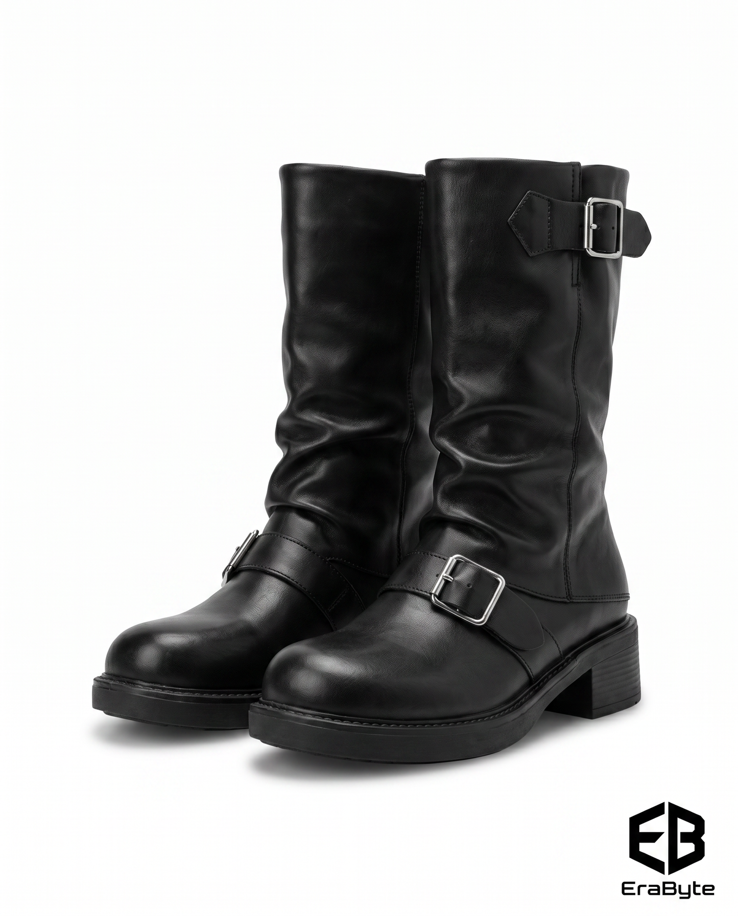 Belt buckle pleated leather boots