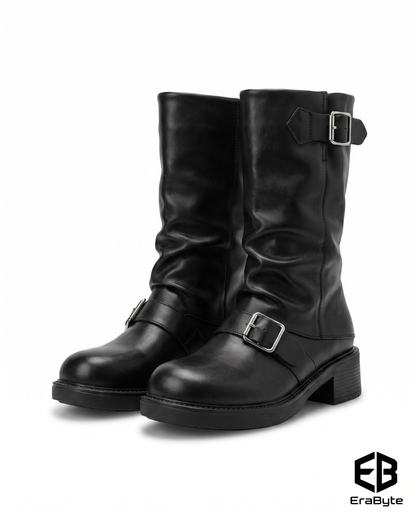 Belt buckle pleated leather boots