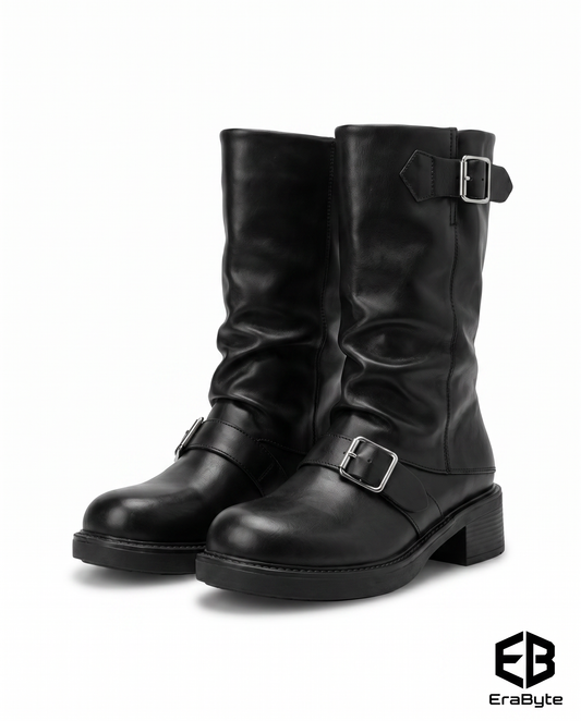 Belt buckle pleated leather boots