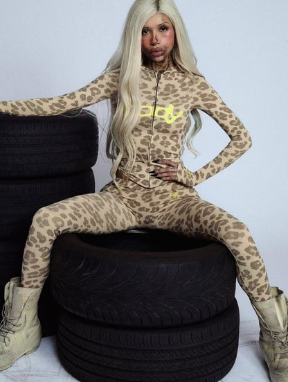 Leopard Print Hooded Jacket & Pants Set