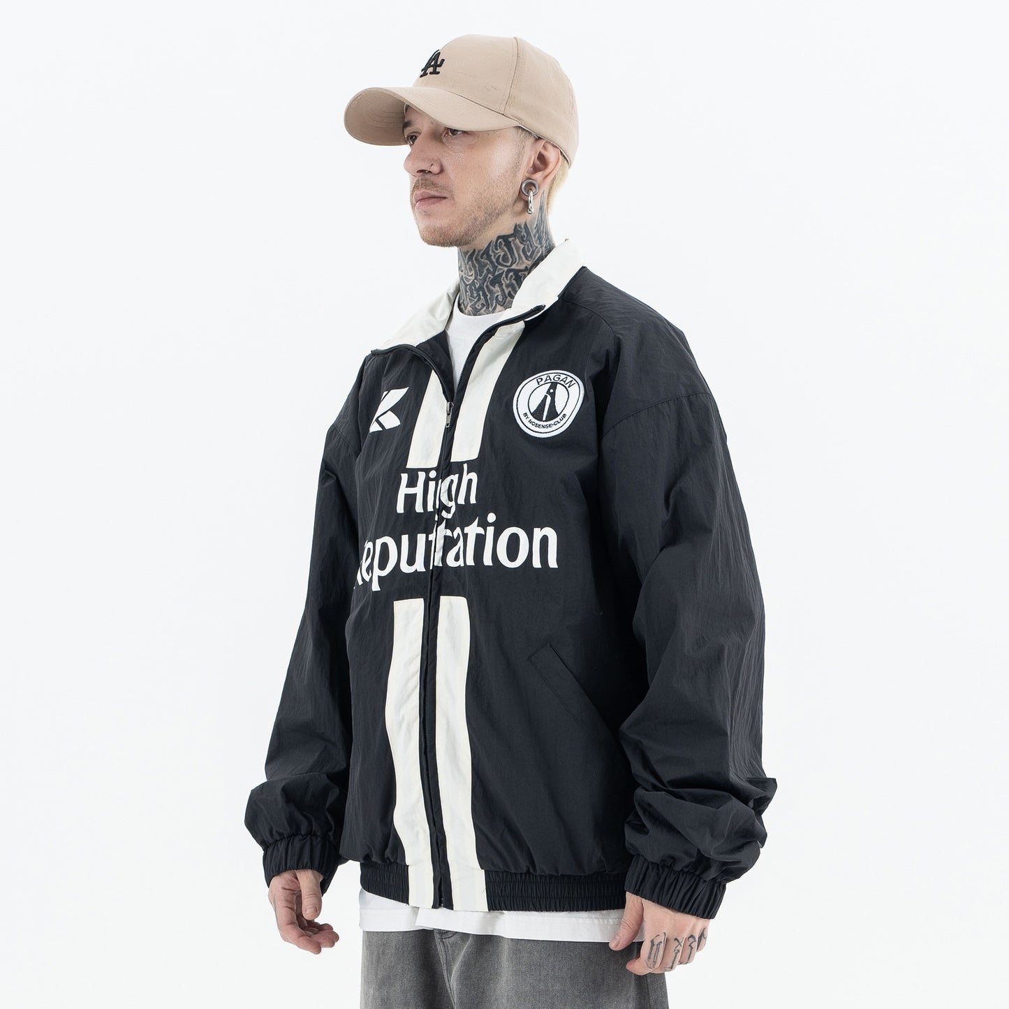 Erabyte Men's Jacket in black with white "High Reputation" print, featuring a zip front and elastic cuffs.