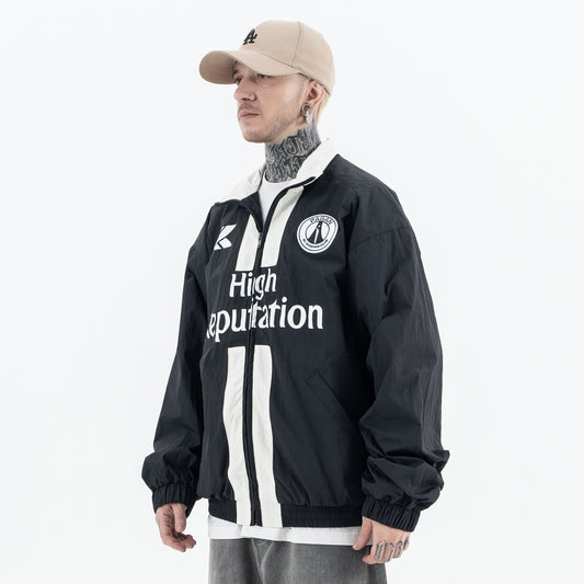 Erabyte Men's Jacket in black with white "High Reputation" print, featuring a zip front and elastic cuffs.