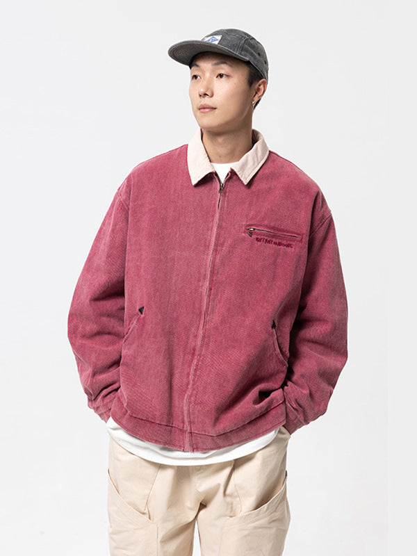 Erabyte Vintage Washed Lapel Casual Jacket for Men in a pink hue, featuring a zip front and relaxed fit.