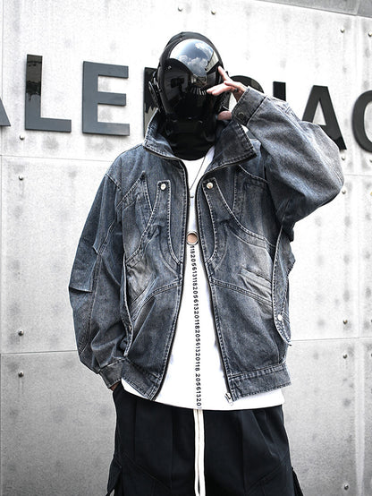 Erabyte Punk Streetwear Denim Jacket in a faded blue wash, featuring a relaxed fit and unique stitching details.