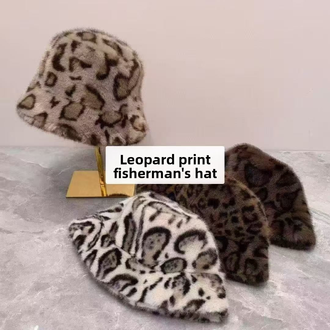 Women Retro Leopard Print Plush Fisherman Hat Warm Sun Hat