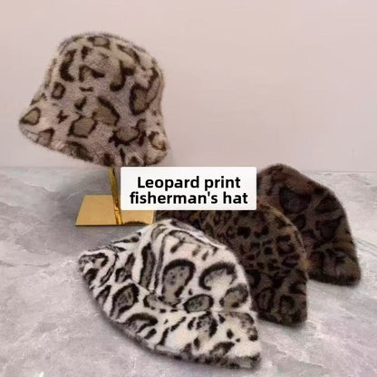 Women Retro Leopard Print Plush Fisherman Hat Warm Sun Hat