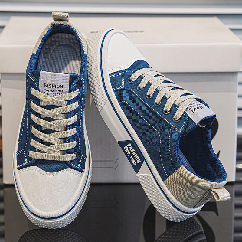 Men's Breathable Canvas Skate Shoes by Erabyte in blue and white, featuring lace-up design and textured sole.