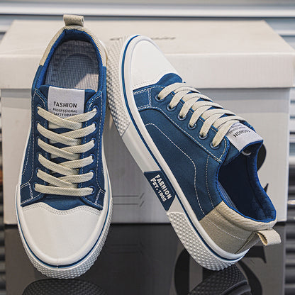 Men's Breathable Canvas Skate Shoes by Erabyte in blue and white, featuring lace-up design and textured sole.