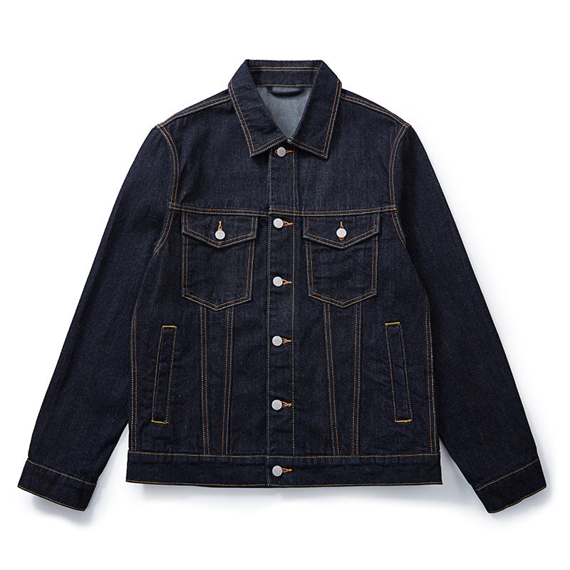 Erabyte Embroidery Denim Jacket in dark blue, featuring a retro loose fit, button closure, and two chest pockets.