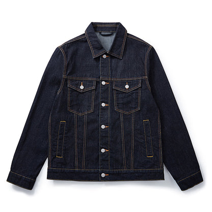 Erabyte Embroidery Denim Jacket in dark blue, featuring a retro loose fit, button closure, and two chest pockets.