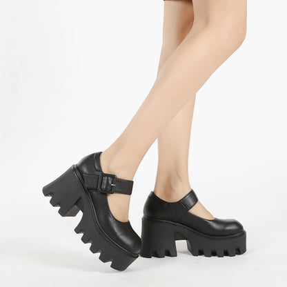 Erabyte Mary Jane platform heeled shoes for women, featuring a chunky sole and ankle strap in black leather.