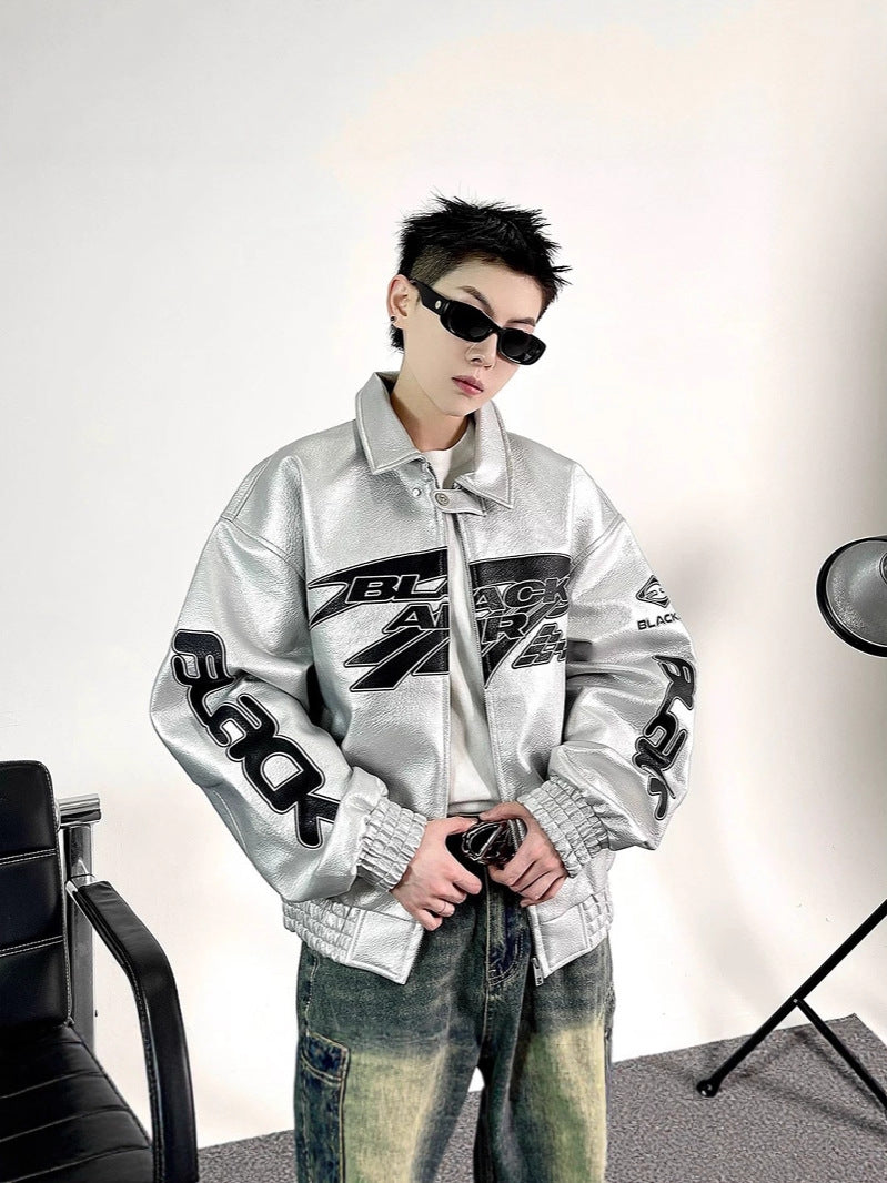 Embroidered Oversized PU Leather Jacket
