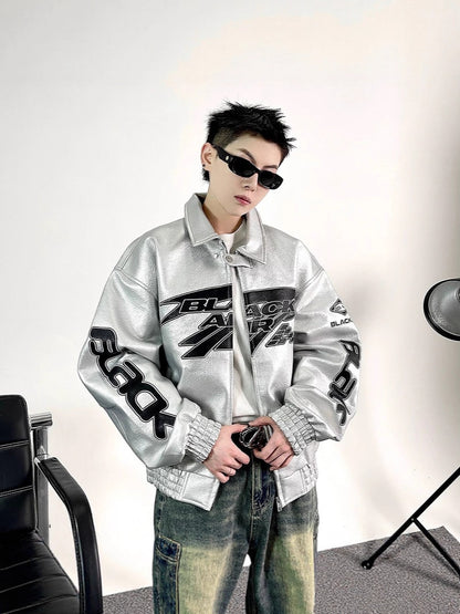 Embroidered Oversized PU Leather Jacket
