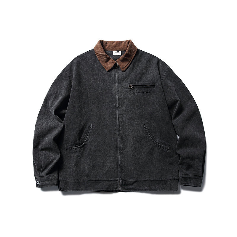 Vintage Washed Lapel Casual Jacket for Men by Erabyte, featuring a dark gray body and brown collar with front pockets.