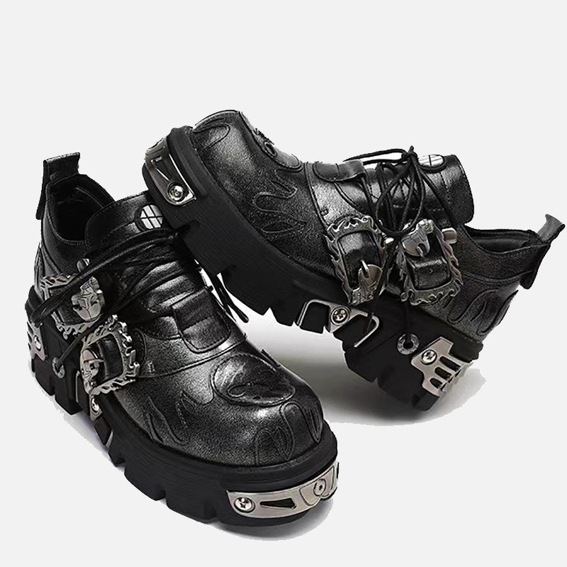 Erabyte dark punk little leather shoes featuring a black finish, flame details, and metallic buckles on chunky soles.