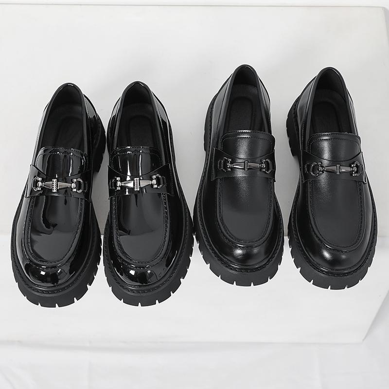 Erabyte Men's Height Increasing Leather Loafers in black patent leather with chunky soles, featuring stylish buckle details.