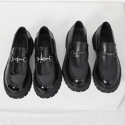 Erabyte Men's Height Increasing Leather Loafers in black patent leather with chunky soles, featuring stylish buckle details.