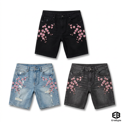 Men's Cherry Blossom Denim Shorts