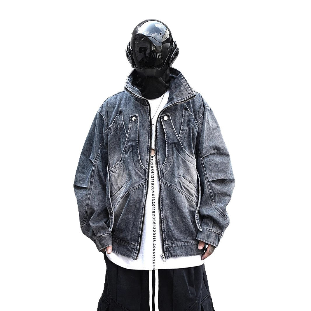 Erabyte Punk Streetwear Denim Jacket in dark wash, oversized fit, styled with a unique design and paired with a mask.