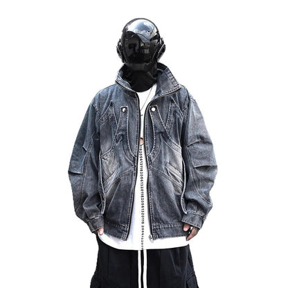Erabyte Punk Streetwear Denim Jacket in dark wash, oversized fit, styled with a unique design and paired with a mask.