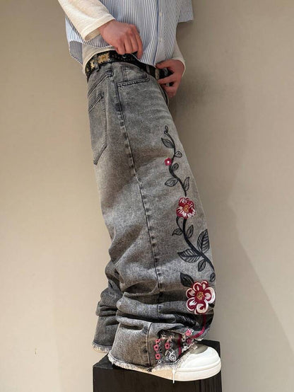 Gothic Cherry Blossom Embroidered Jeans - photo 3