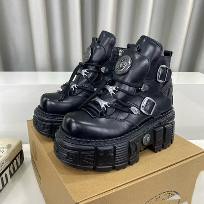 Erabyte Punk Martin Boots for women, featuring a chunky sole, lace-up design, and decorative buckles in black leather.