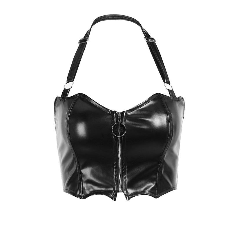 Erabyte Women's Punk Style Bat Chain Strap Vest in black, featuring a fitted design, zip front, and bat-shaped straps.