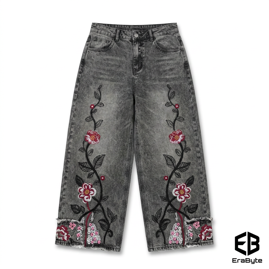 Gothic Cherry Blossom Embroidered Jeans