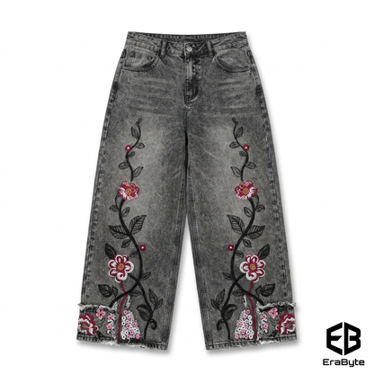 Gothic Cherry Blossom Embroidered Jeans