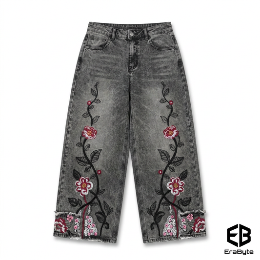 Gothic Cherry Blossom Embroidered Jeans