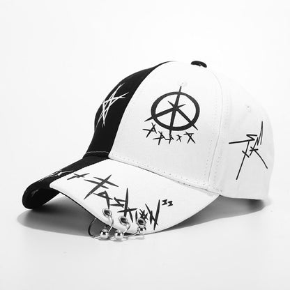 Erabyte Hat Man Baseball Cap featuring a black and white design with graphic prints and decorative metal accents.