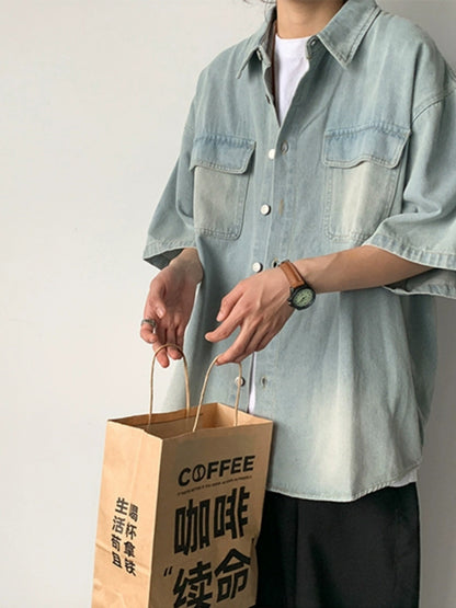 Mens Denim Short Sleeve Shirt Jacket by Erabyte in light blue, featuring two chest pockets and a relaxed fit.