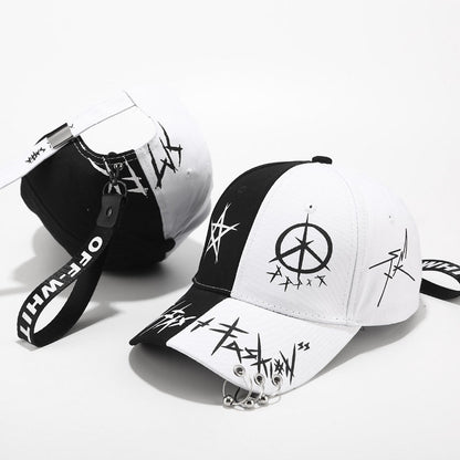 Erabyte Hat Man Baseball Cap featuring a black and white design with graphic prints and a strap detail.