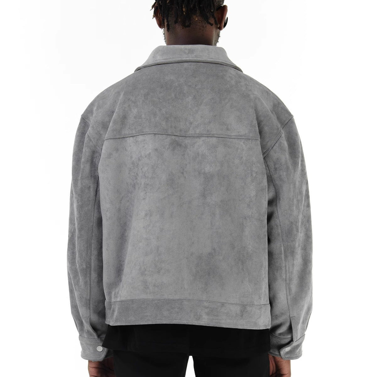 Gray suede zipper pocket jacket by Erabyte, featuring a relaxed fit and back view with a smooth texture.