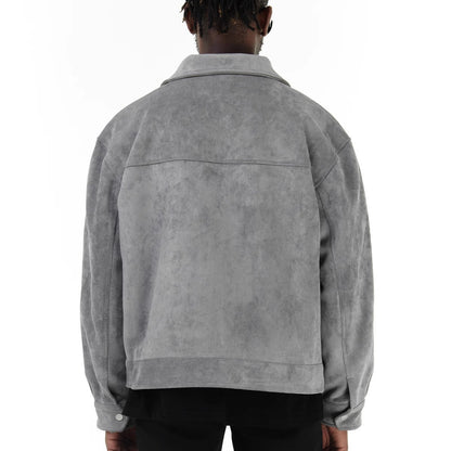 Gray suede zipper pocket jacket by Erabyte, featuring a relaxed fit and back view with a smooth texture.
