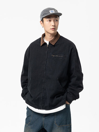 Erabyte Vintage Washed Lapel Casual Jacket for Men, featuring a zip front, brown collar, and relaxed fit.