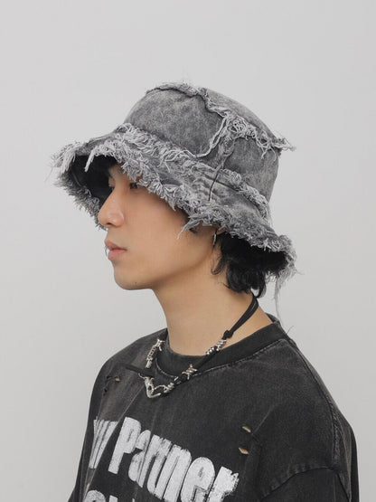 Distressed Denim Wide-Brim Bucket Hat