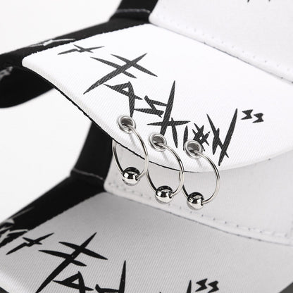 Erabyte Hat Man Baseball Cap featuring a white design with black graffiti-style text and three silver rings on the brim.