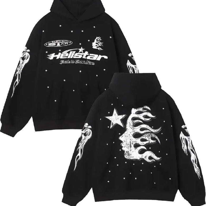 Erabyte Punk Graphic Hoodie Sweatshirt in black featuring bold graphics, flames, and star designs on front and back.
