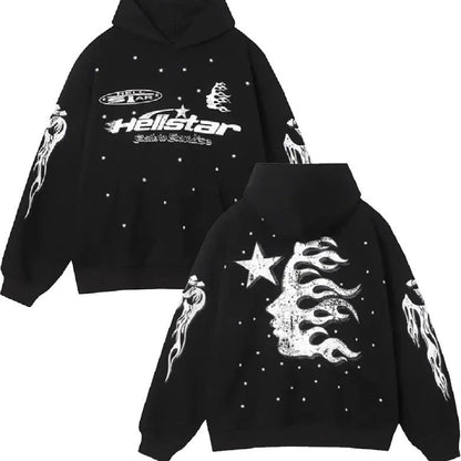 Erabyte Punk Graphic Hoodie Sweatshirt in black featuring bold graphics, flames, and star designs on front and back.