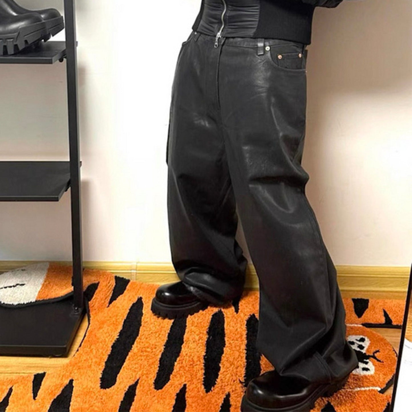 Waxed Coated Black Straight-Leg Jeans