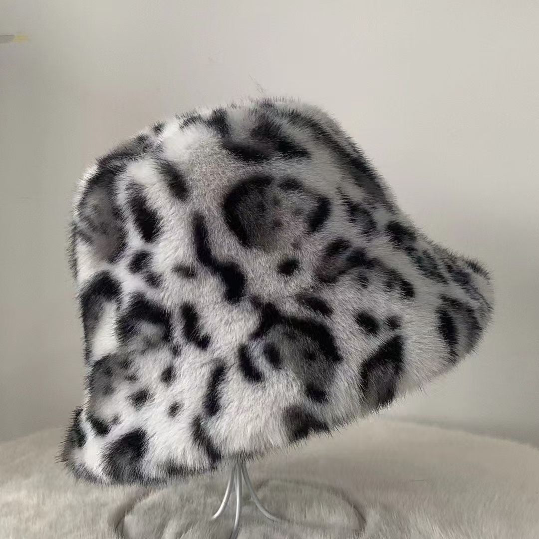 Women Retro Leopard Print Plush Fisherman Hat Warm Sun Hat