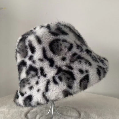 Women Retro Leopard Print Plush Fisherman Hat Warm Sun Hat
