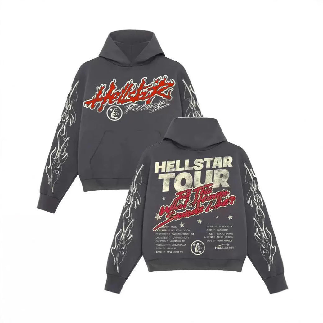 Erabyte Punk Graphic Hoodie Sweatshirt in dark gray, featuring bold graphics and flame designs on the sleeves.